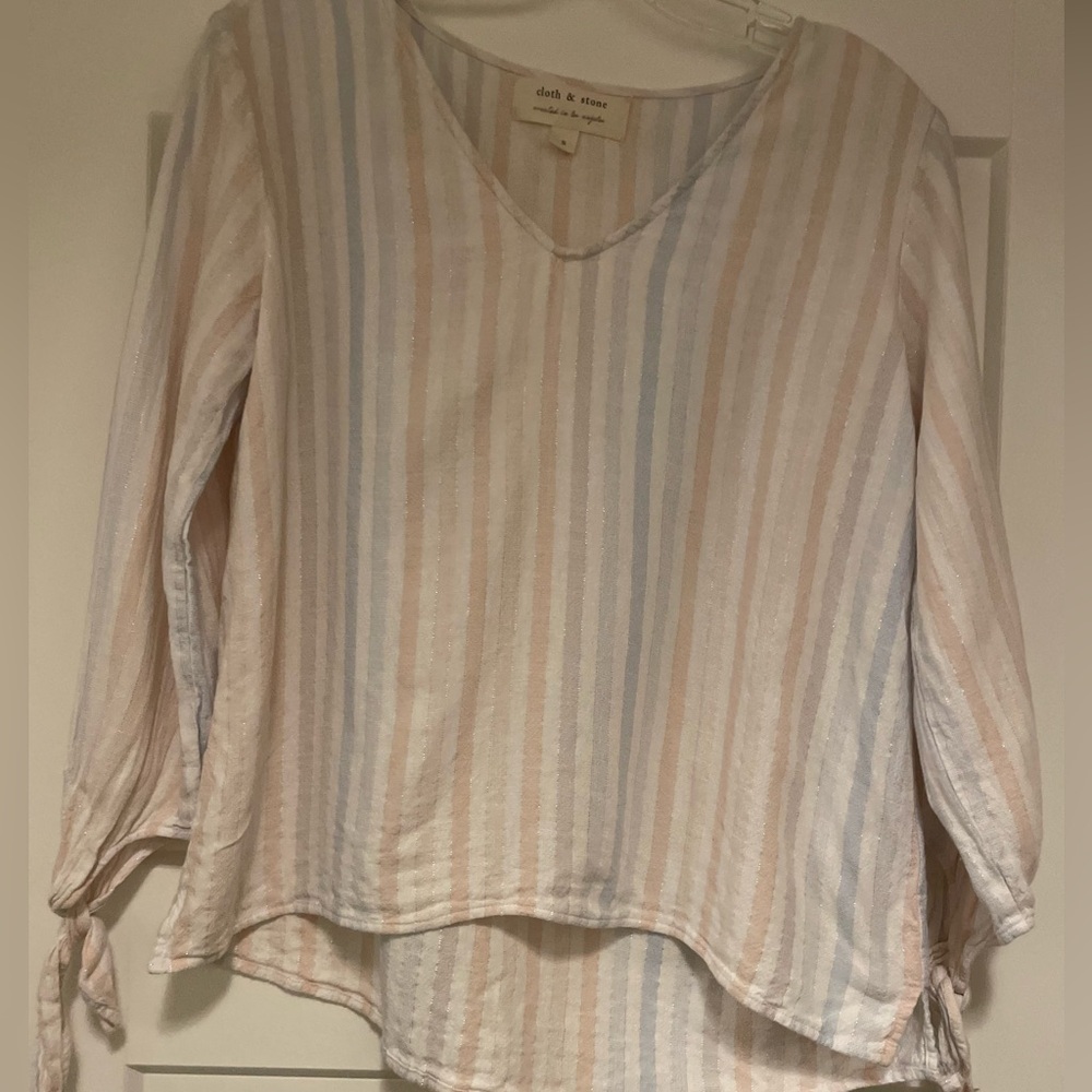 Anthropologie Cloth & Stone Linen Striped V-Neck Top